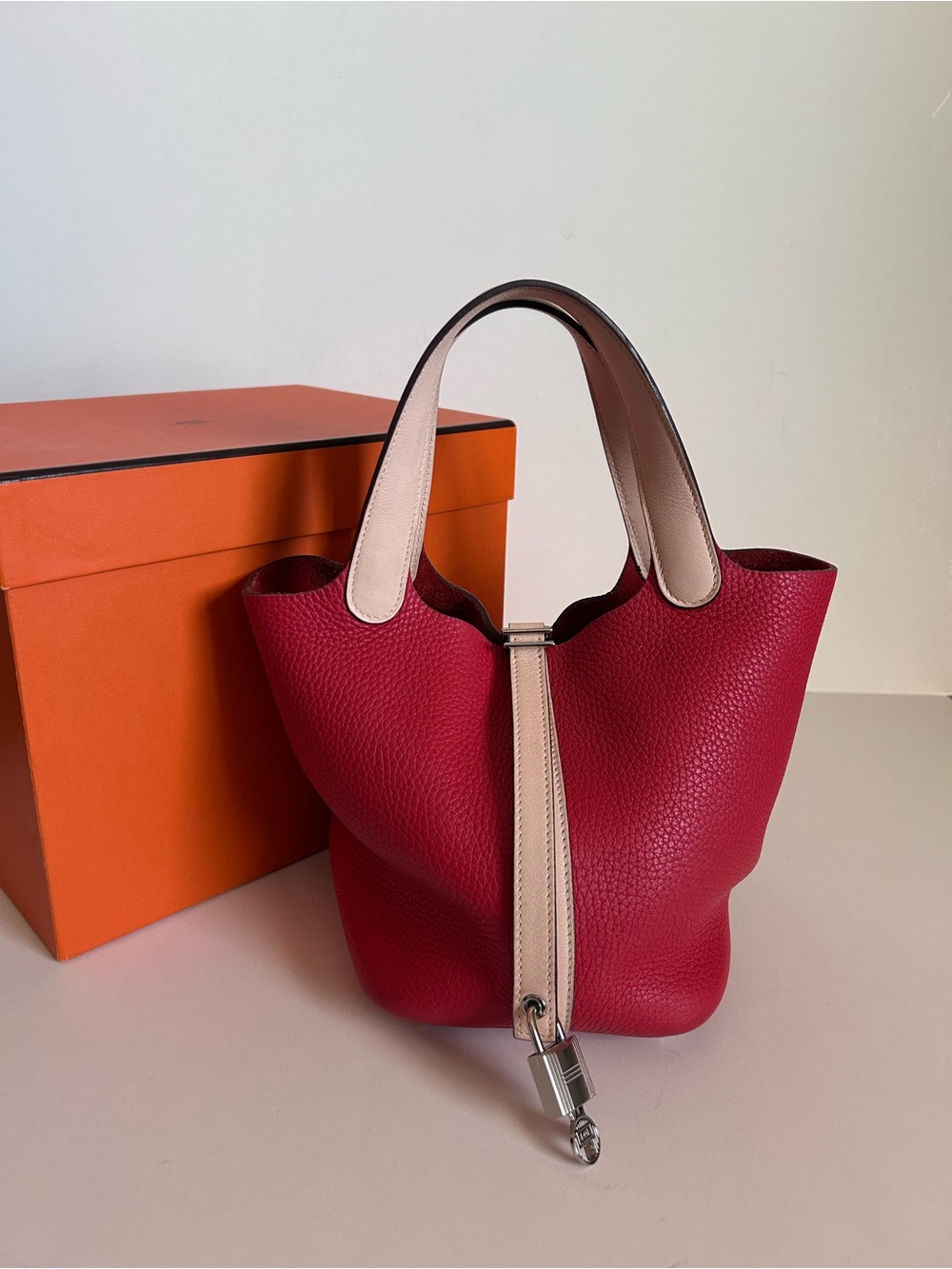 Hermes Pink Leather Bucket Tote with Cream Trim